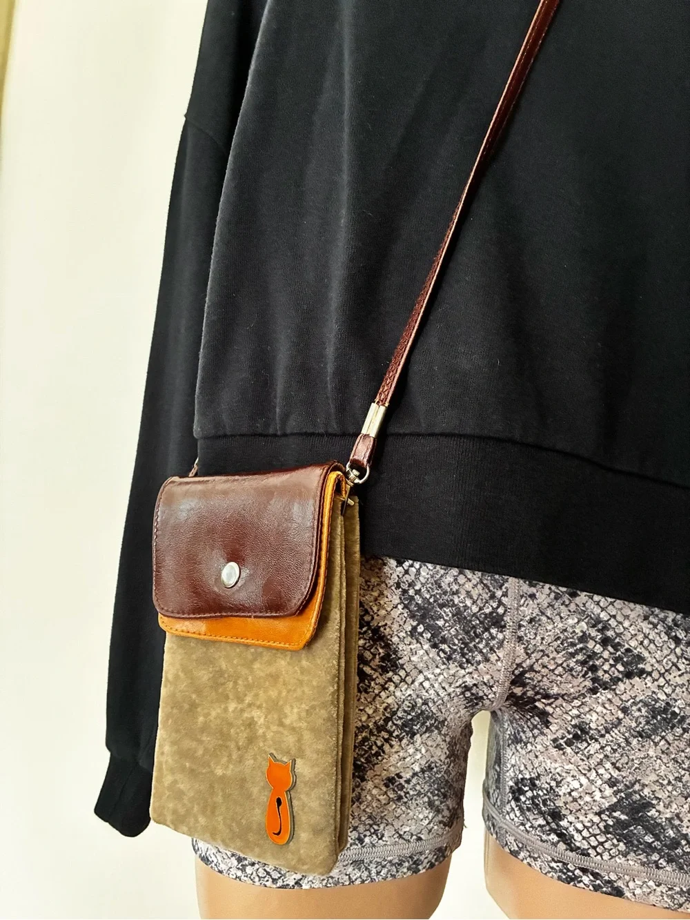Mini Brown Suede & Leather Crossbody Phone bag Orange Cat charm accent